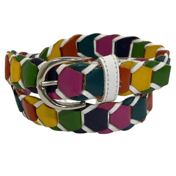 Genuine Leather Linking Belt Colorful Woven Boho Rainbow White Trim Size SM - Picture 1 of 11